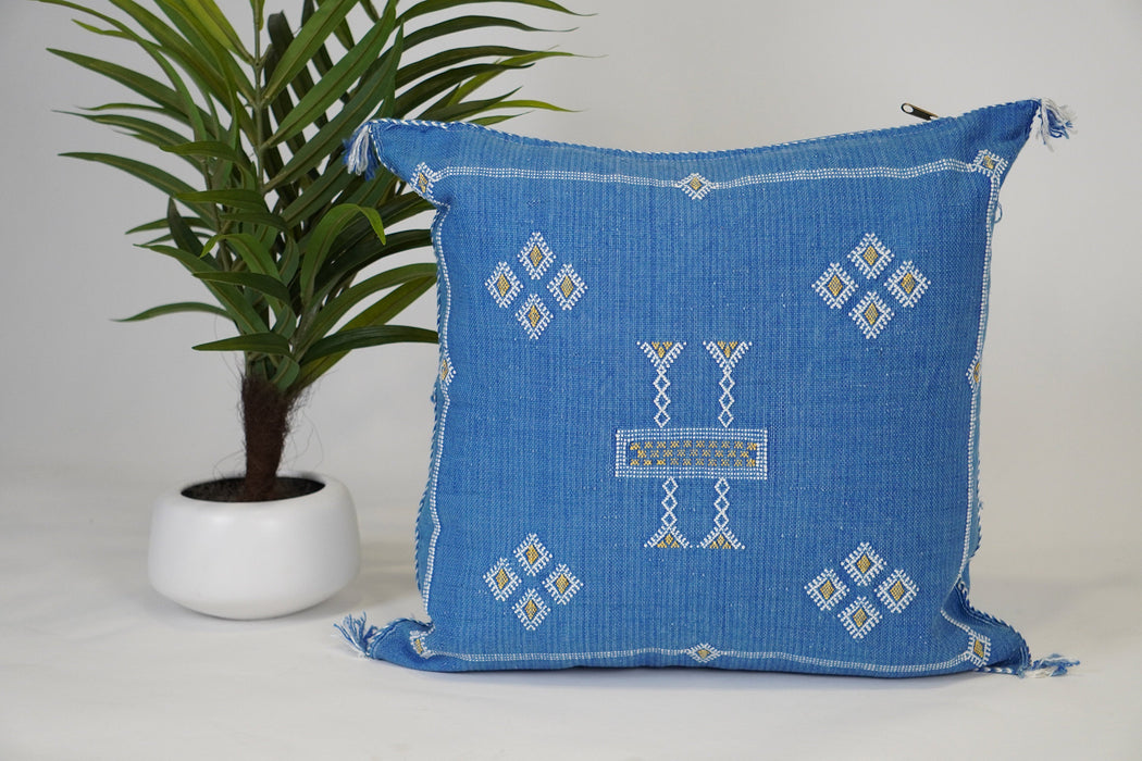 Blue Moroccan Cactus Silk Pillow 20x20