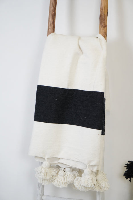 Unique Moroccan Pom Pom Blanket Throw, Handwoven cotton blanket