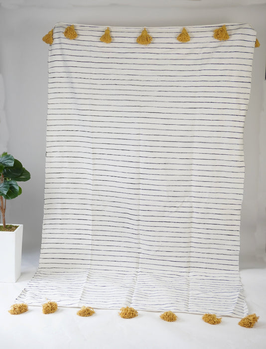 Moroccan Pom Pom Blanket Throw, Handwoven cotton blanket