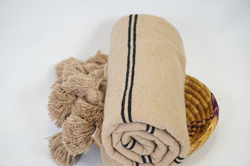 Gorgeous Moroccan Pom Pom Blanket Throw, Handwoven cotton blanket
