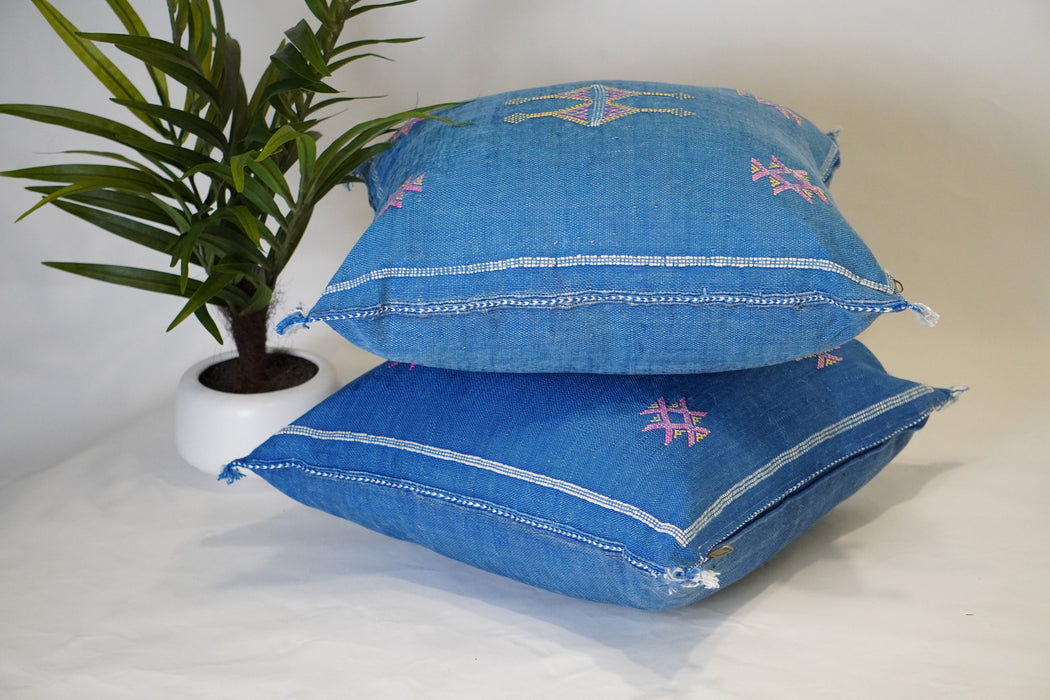 Lovely Blue Moroccan Cactus silk throw Pillow