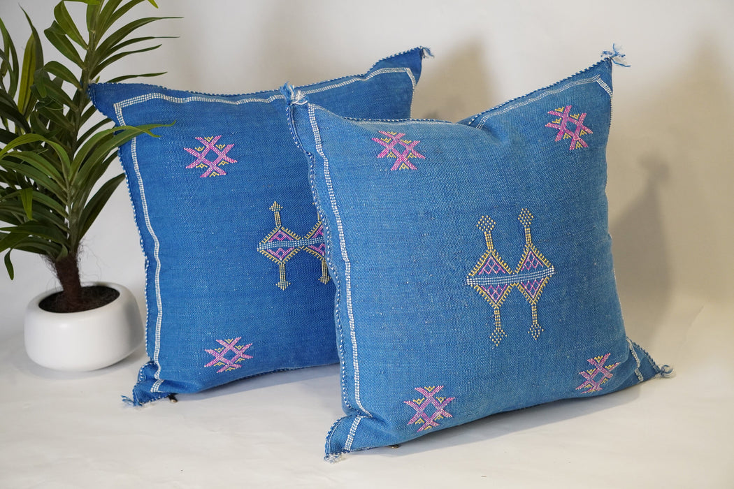Lovely Blue Moroccan Cactus silk throw Pillow