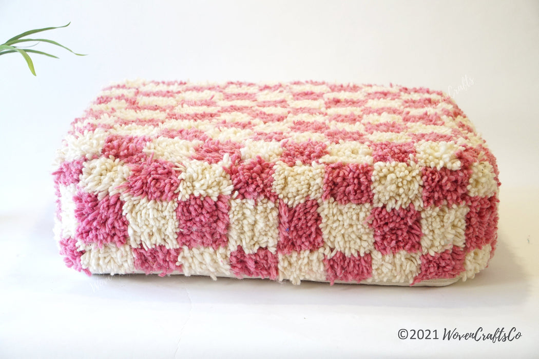 Pink Checkered Floor Cushion | Moroccan Kilim pouf