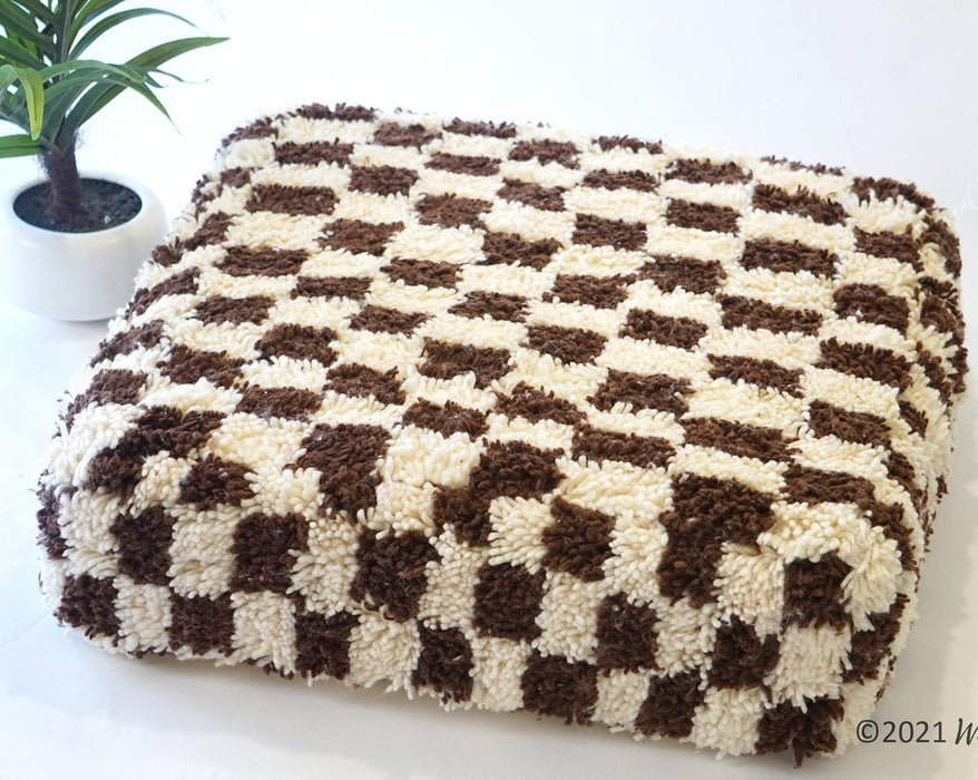 Brown Checkered Pouf, Bohemian Floor pillow