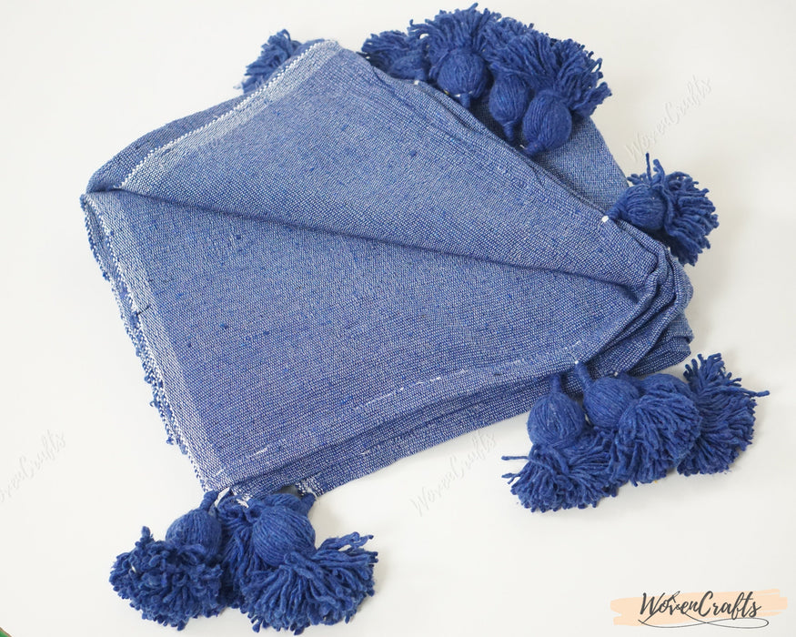 Blue Pom Pom Cotton Moroccan Blanket