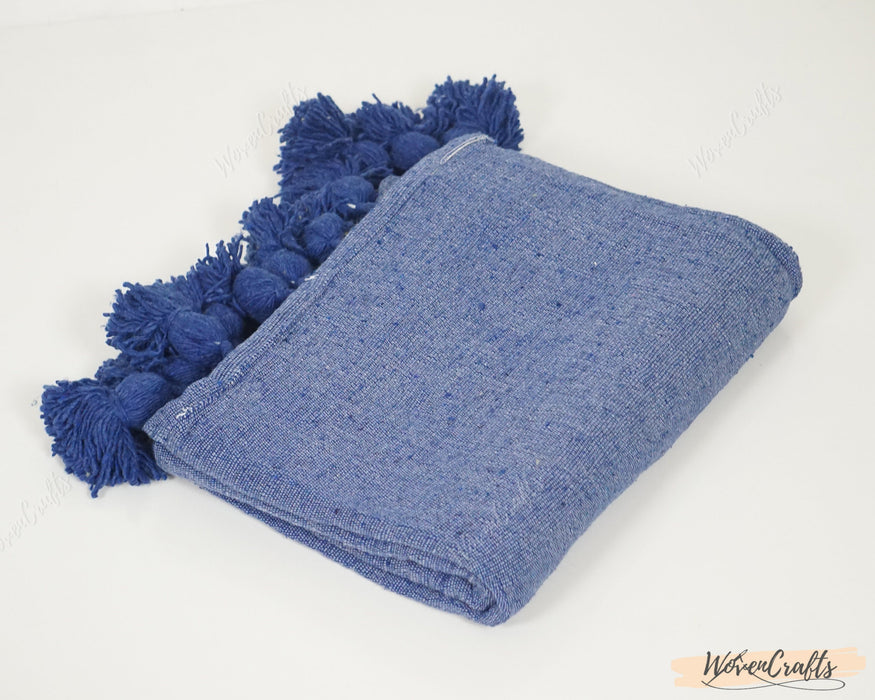 Blue Pom Pom Cotton Moroccan Blanket