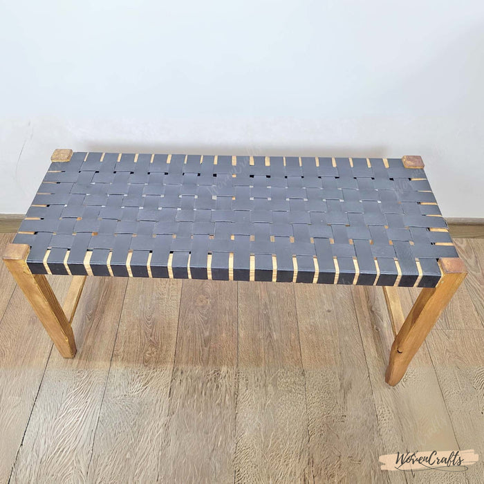 Black Woven Leather Wooden Bench