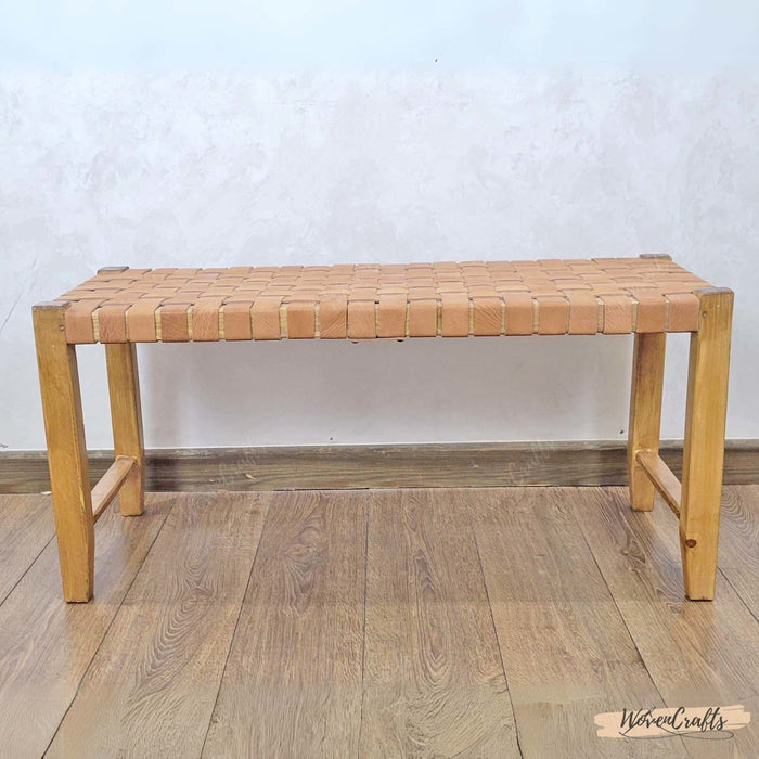 Natural Woven Leather Wooden Bench