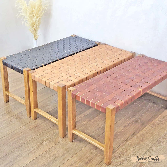 Woven leather bench