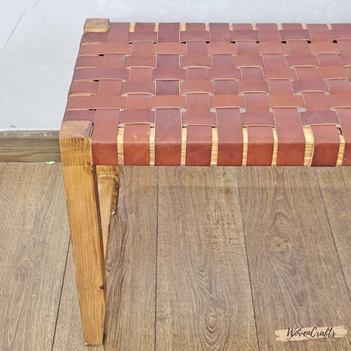 Brown Woven Leather Wooden Bench