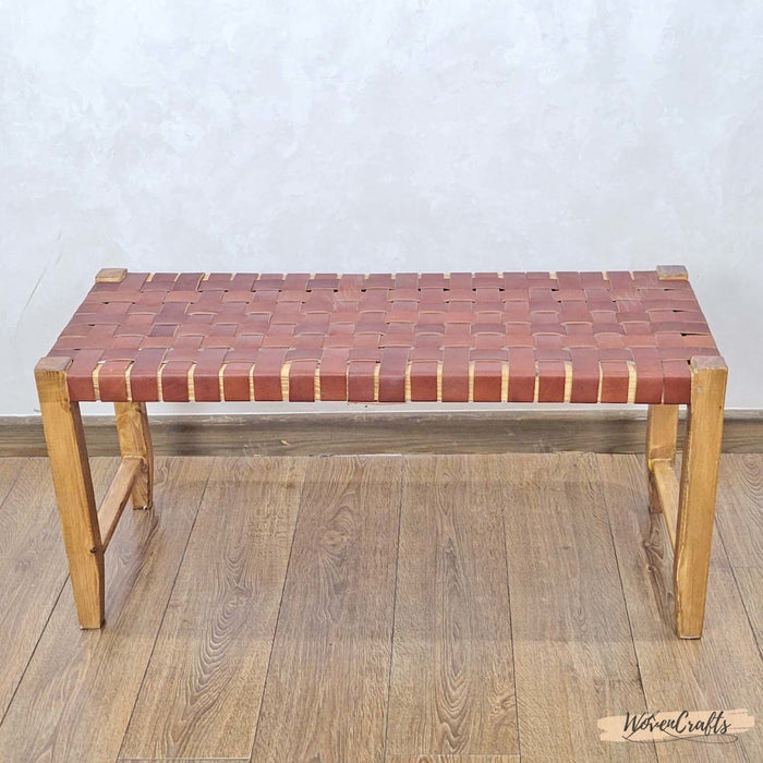 Brown Woven Leather Wooden Bench