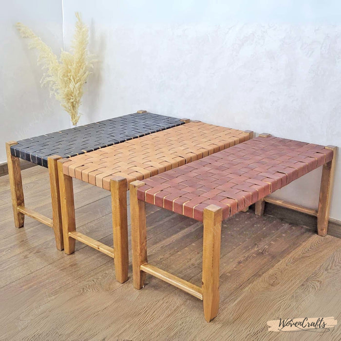 Brown Woven Leather Wooden Bench