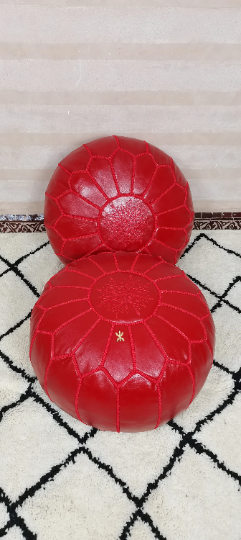 Moroccan leather pouf red color