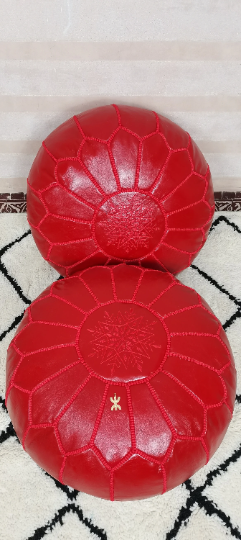 Moroccan leather pouf red color