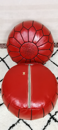 Moroccan leather pouf red color