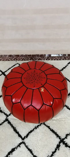 Moroccan leather pouf red color