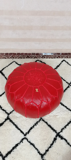 Moroccan leather pouf red color