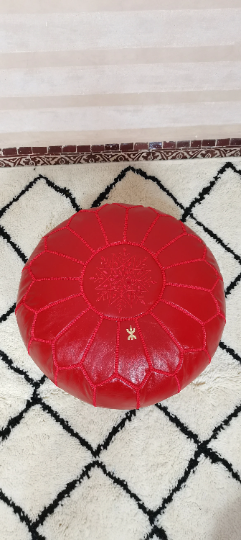 Moroccan leather pouf red color