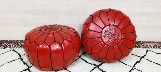 Moroccan leather pouf red color