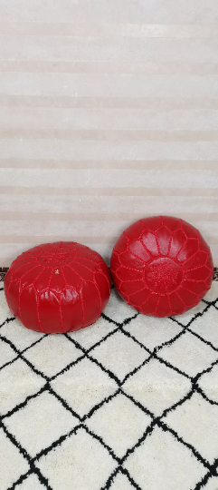 Moroccan leather pouf red color