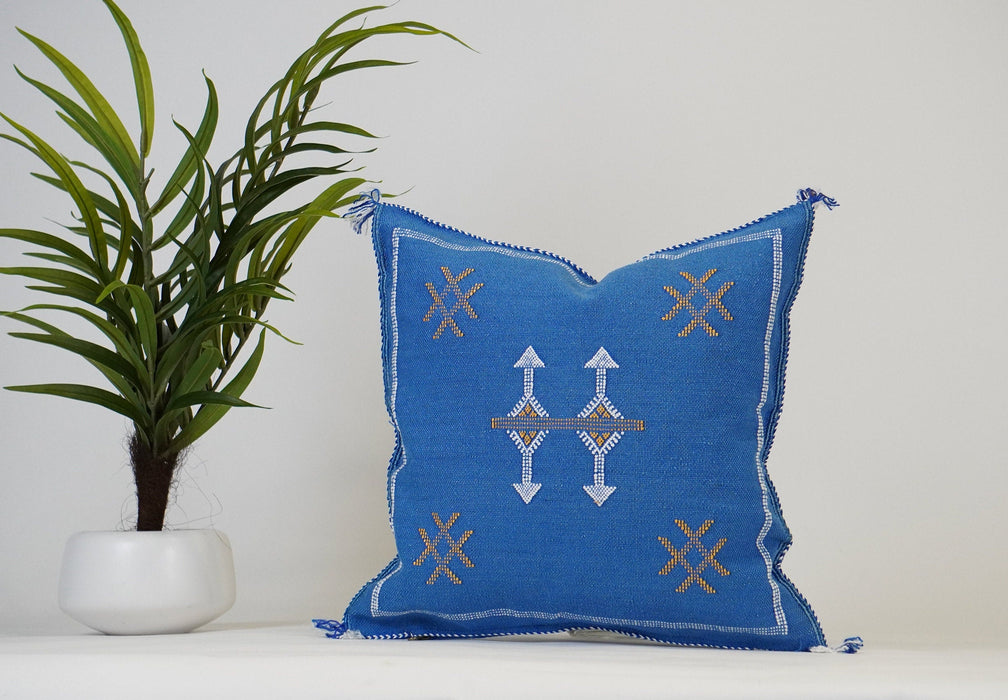 Blue Moroccan Cactus silk throw Pillow