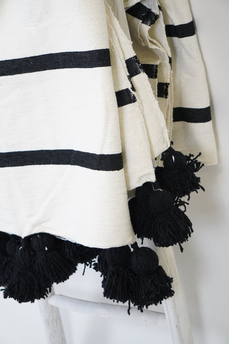 Black and white Moroccan Pom Pom Blanket Throw, Handwoven cotton blanket