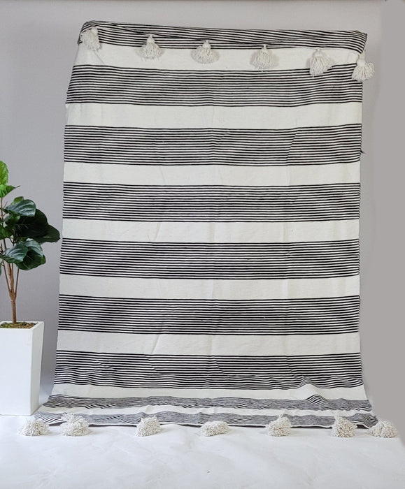 Fabulous Moroccan Pom Pom Blanket Throw, Handwoven cotton blanket