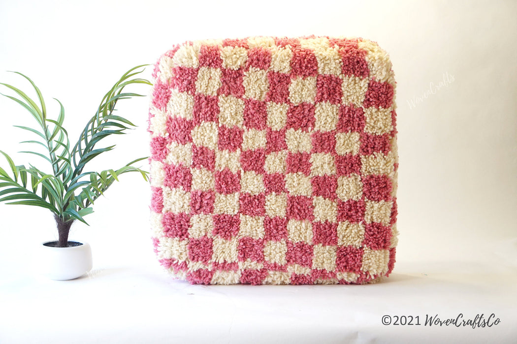 Pink Checkered Floor Cushion | Moroccan Kilim pouf