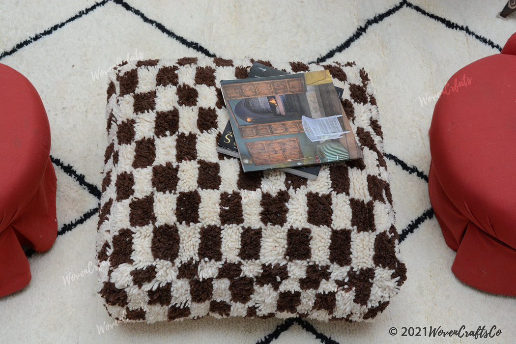 Brown Checkered Pouf, Bohemian Floor pillow