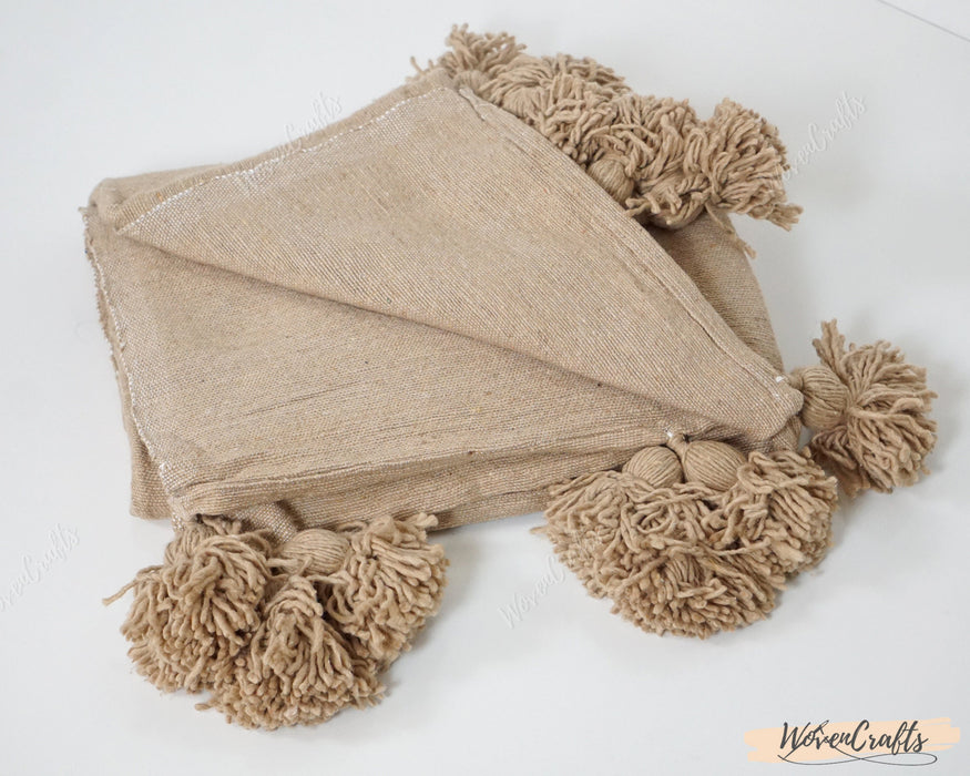 Brown Pom Pom Throw blanket - Fleece woven blanket