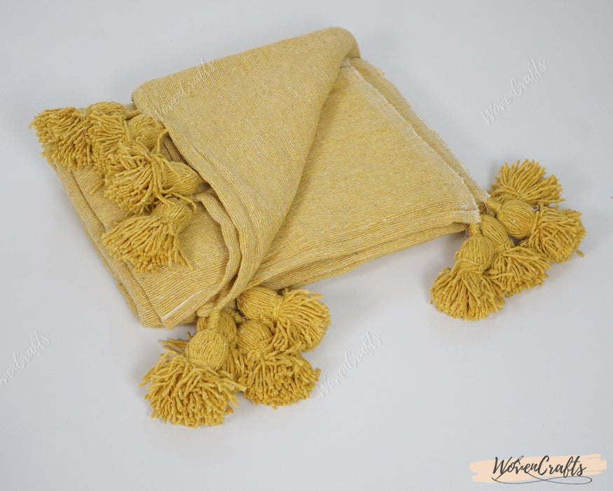 Yellow Pom Pom Moroccan Fleece Blanket throw