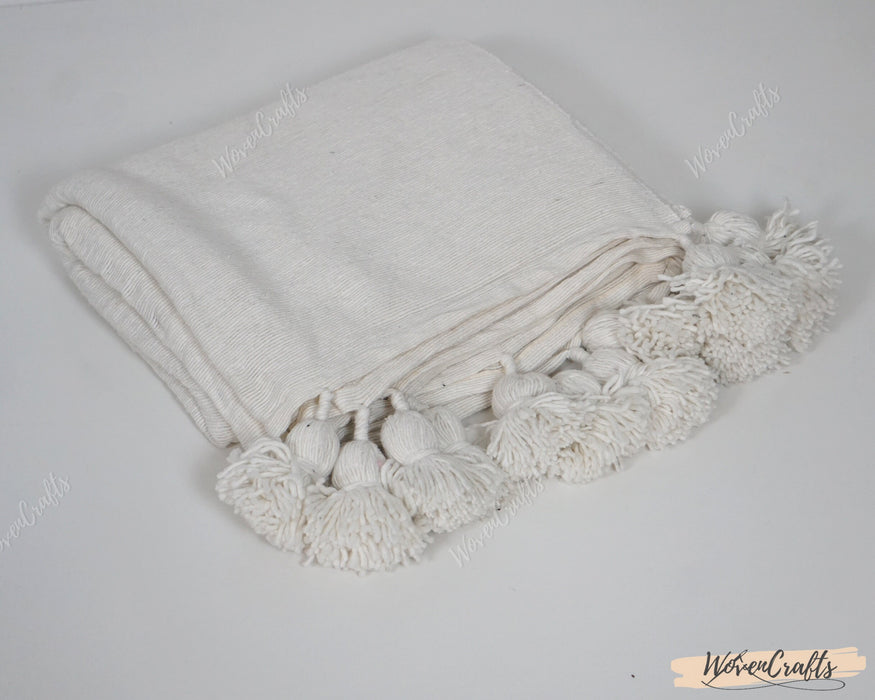 Off White COZY PomPom Blanket - Moroccan throw blanket